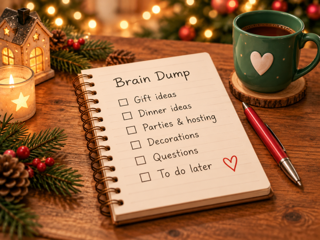 Christmas brain dump notebook with checklist beside a hot drink and holiday decorations.